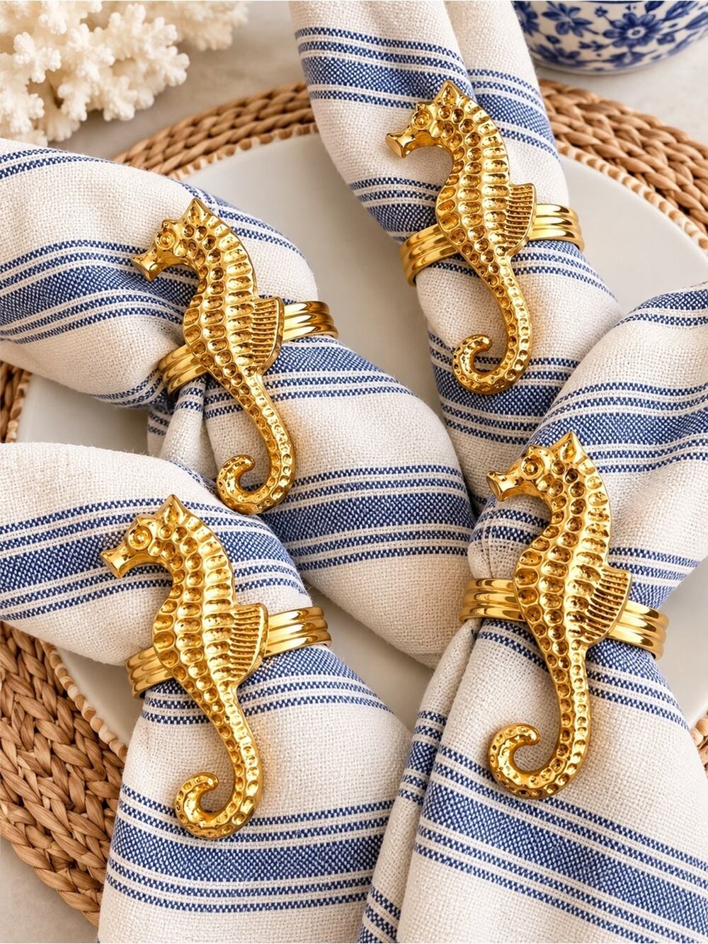 Gold Seahorse Napkin Rings Set of 4 Nautical Coastal Beach House Decor